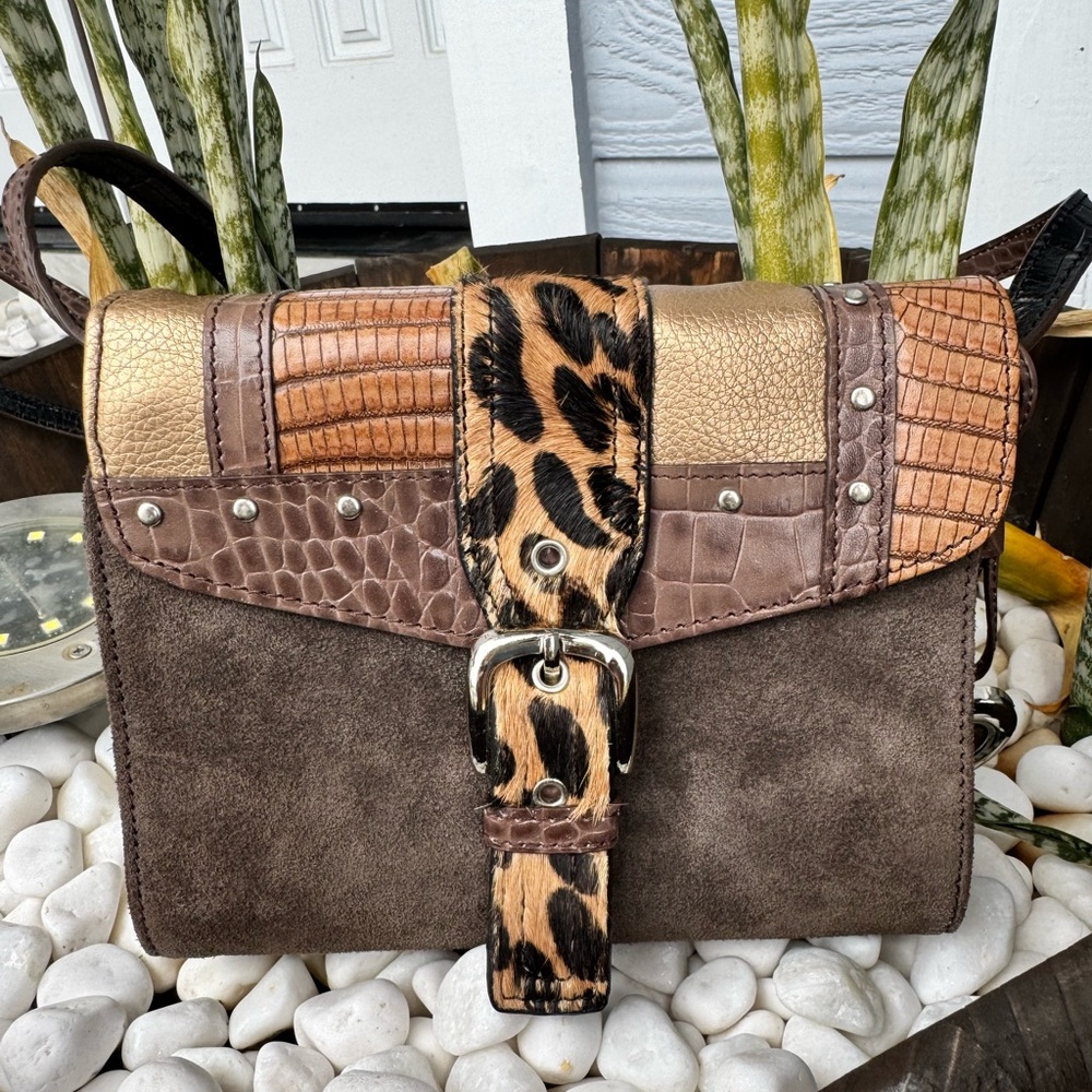 Sharif Studio Leopard Patchwork Suede & Croc Crossbody Bag